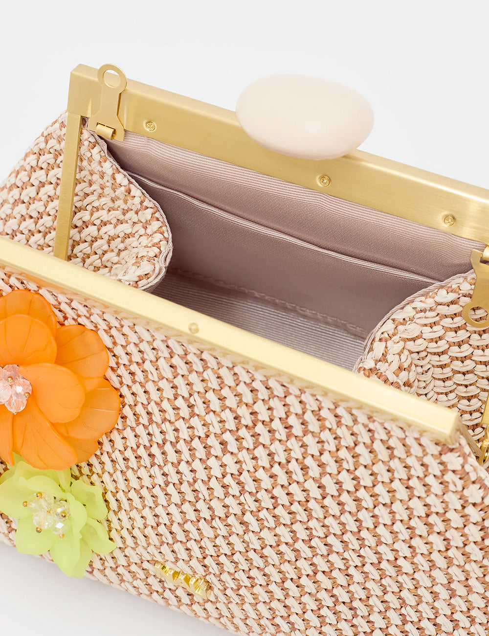 Pochette Nalì Malaga Beige intrecciata con fiori arancioni e verdi
