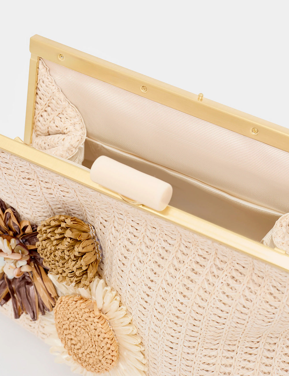 Pochette Nalì Marbella beige con trama dorata e fiori intrecciati