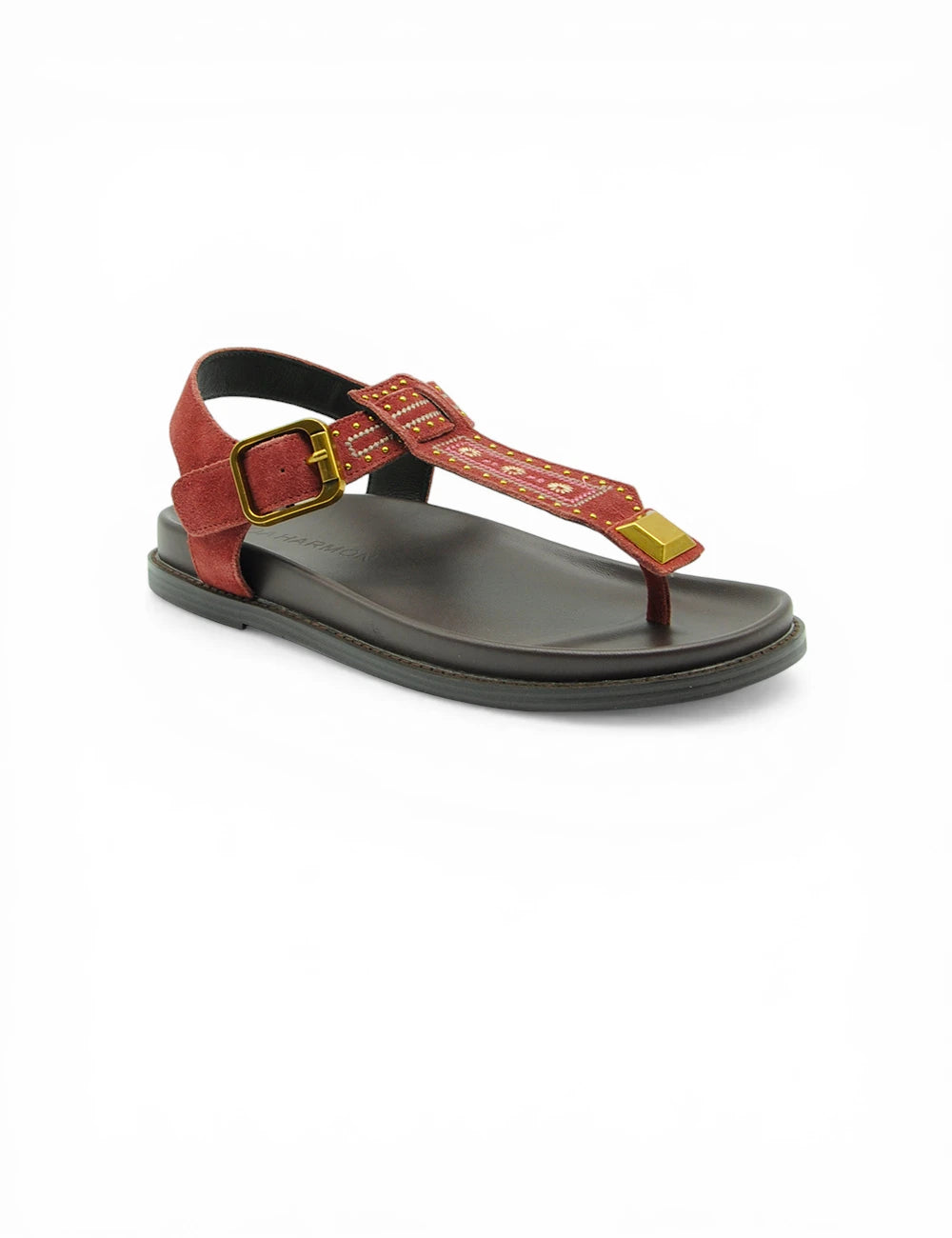 Noa harmon sandalo infradito rosso in suede con fibbia oro e dettagli decorativi sul cinturino