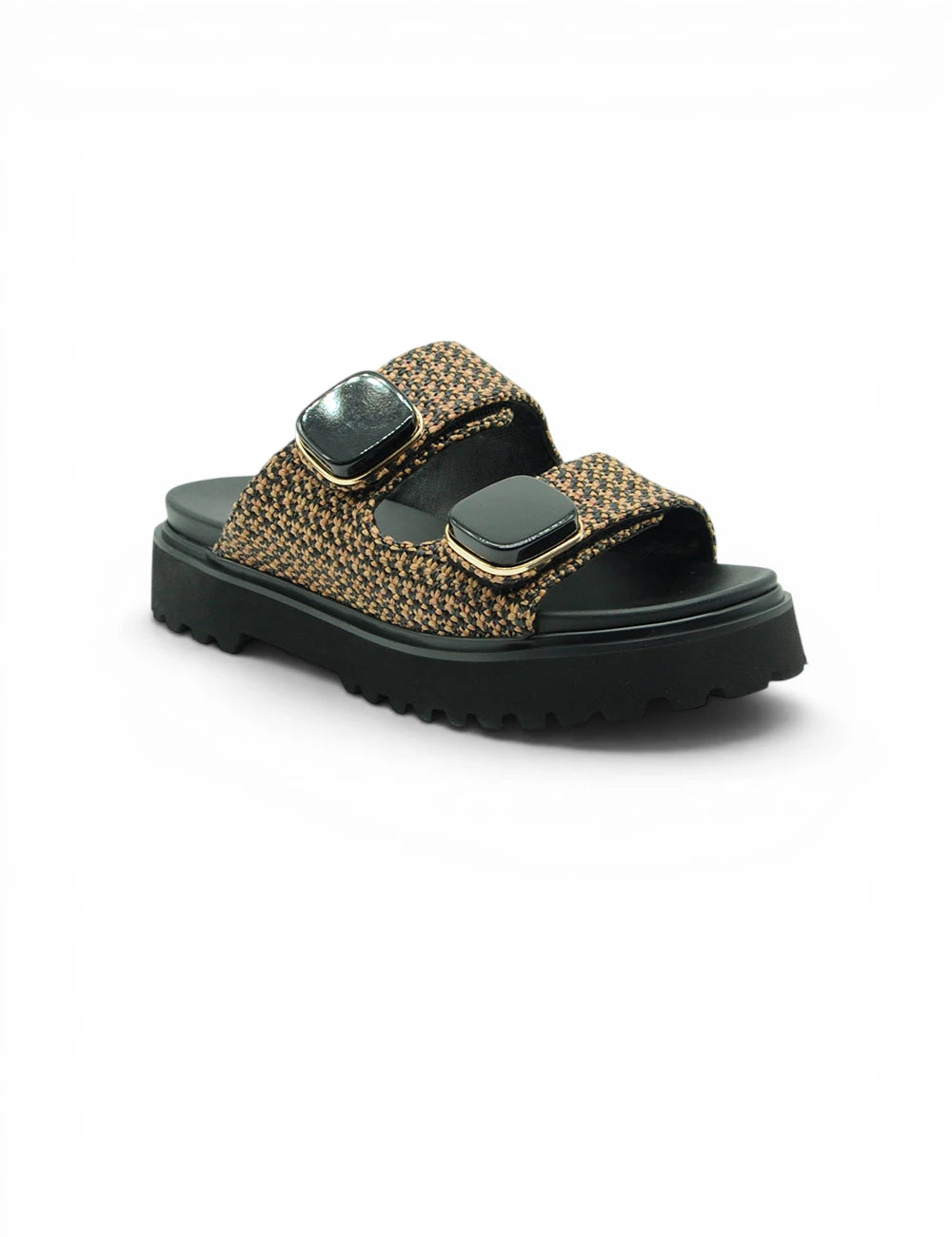 Slide sandal noa harmon ciabatta nera cuoio con cinturino intrecciato marrone e oro, suola platform nera e fibbie metalliche