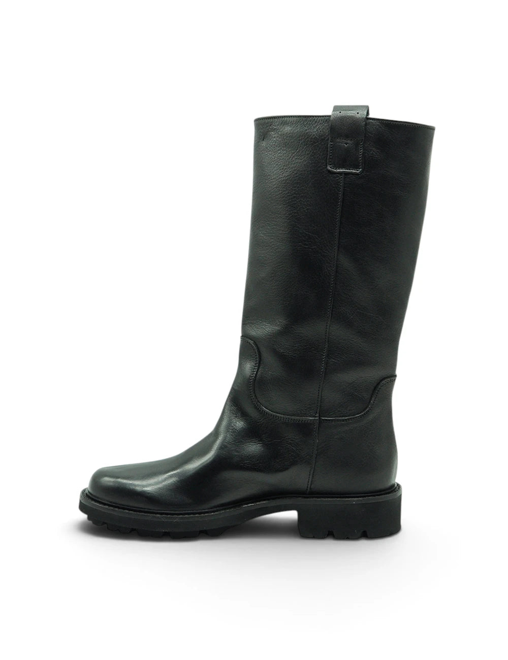 Black leather knee-high boot with chunky sole and small buckle at the back niche stivale texas nero, retrovista