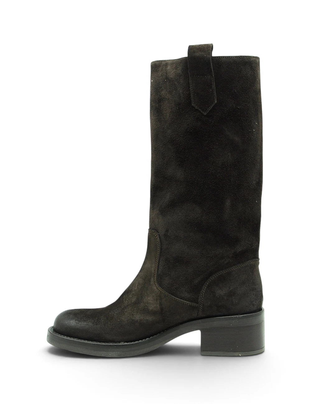 Dark brown suede knee-high boot with low block heel and pull tab at the back modello niche stivale velour testa moro vista posteriore