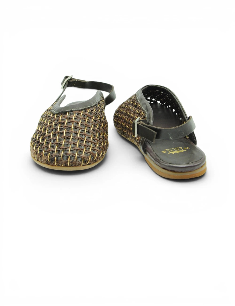 Brown sabot in tessuto intrecciato con cinturino verde scuro e fibbia modello niche testa moro