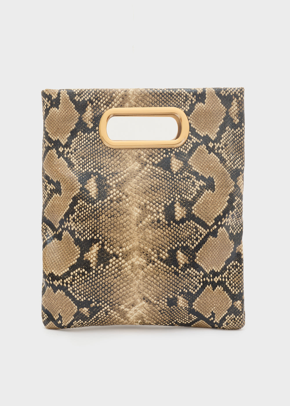 Clutch bag nalì a mano noir tortora in pelle effetto pitone beige e nero con manico rettangolare dorato