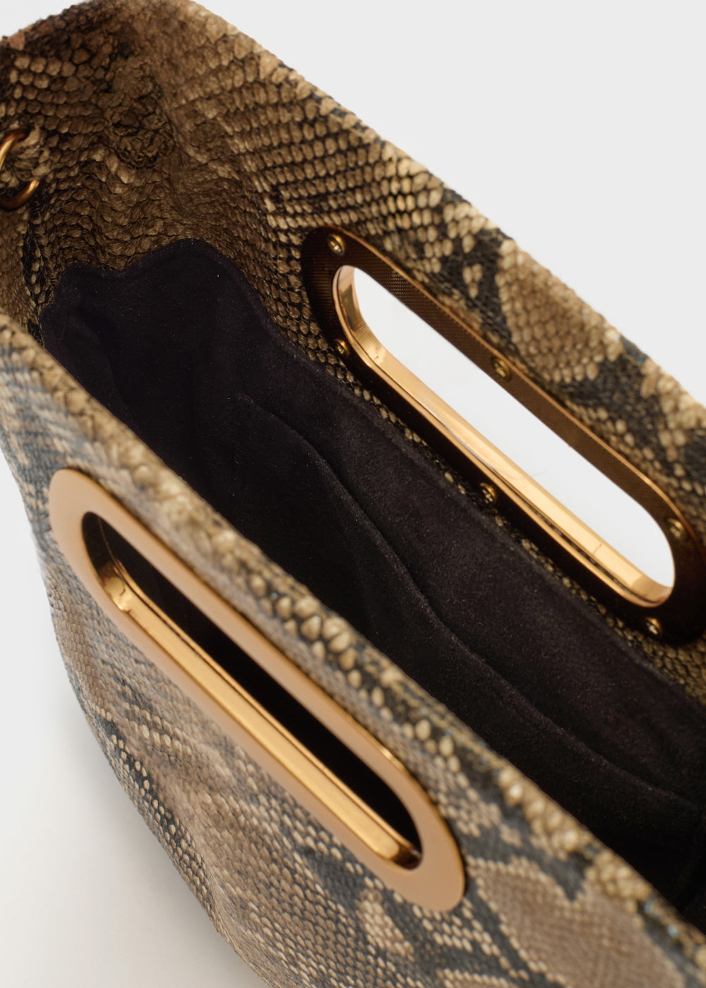 Nalì a mano noir tortora borsa taupe e marrone effetto pelle di serpente con manici in metallo dorato