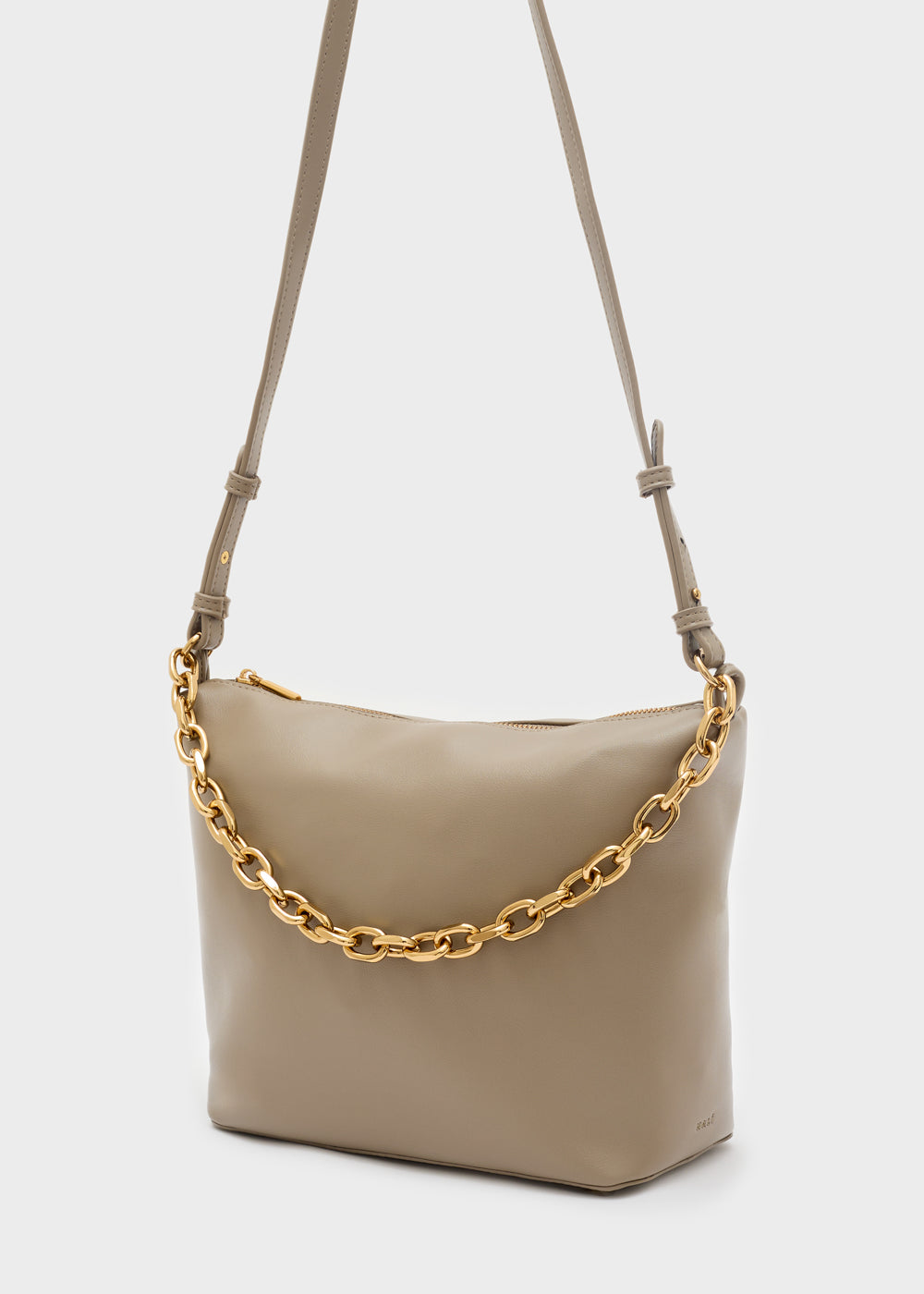 Beige borsa a tracolla in pelle nalì a spalla teda catena tortora con catena oro e tracolla regolabile abbinata