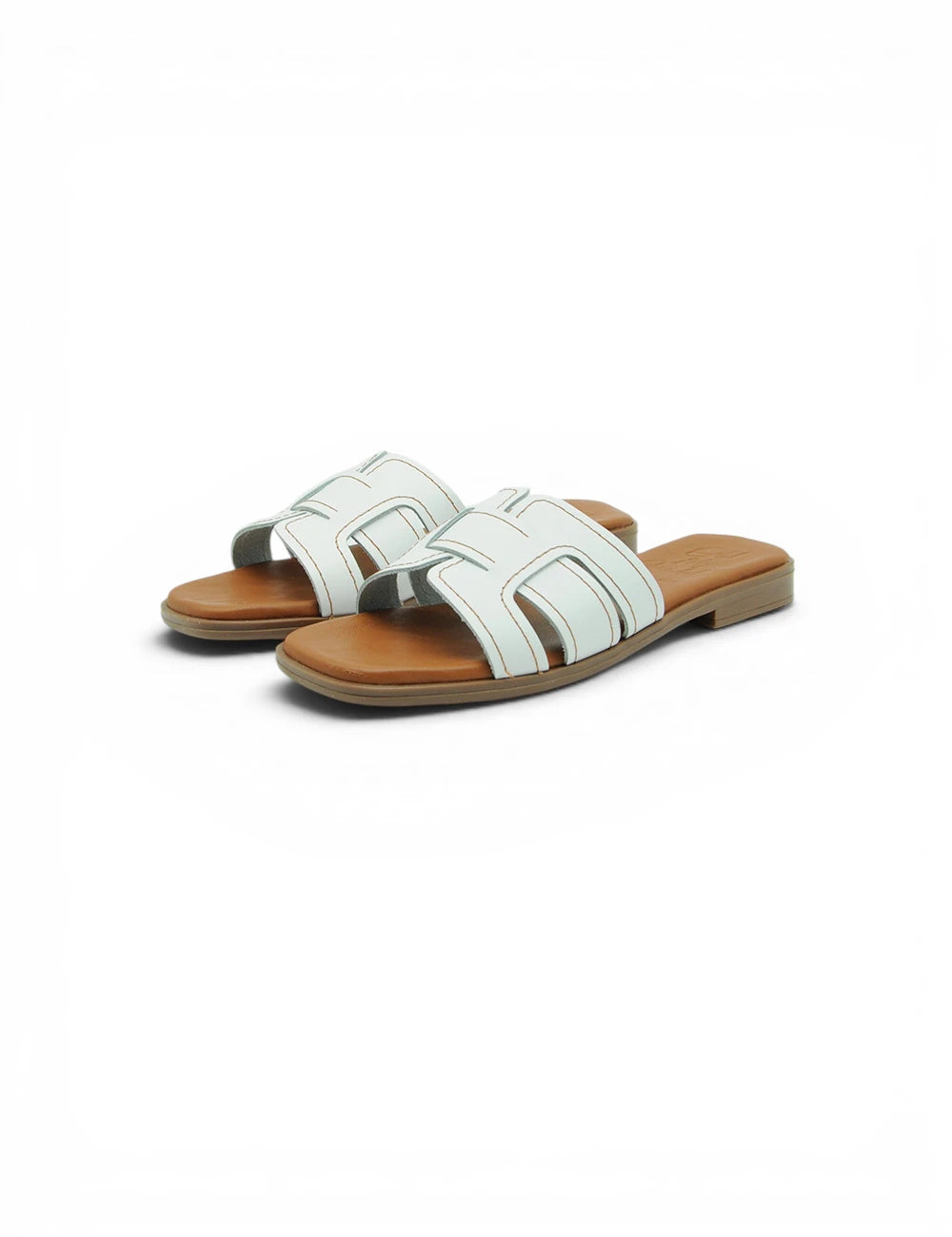 Light blue leather slide sandals oh my sandals ciabattina bianca with minimalist design and tan rubber soles