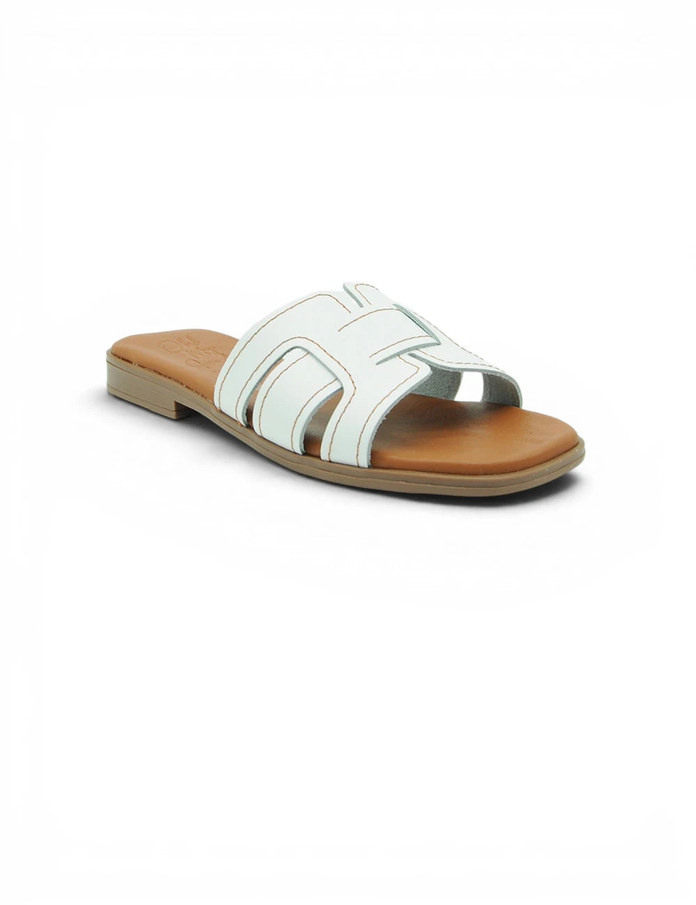 Sandalo ciabattina oh my sandals bianca in pelle con fascia geometrica e soletta marrone chiaro