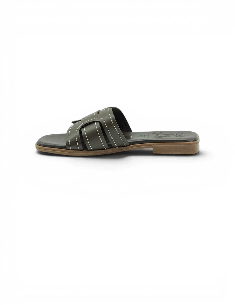Olive green leather slide sandal with white stitching and flat tan sole from oh my sandals ciabattina marrone