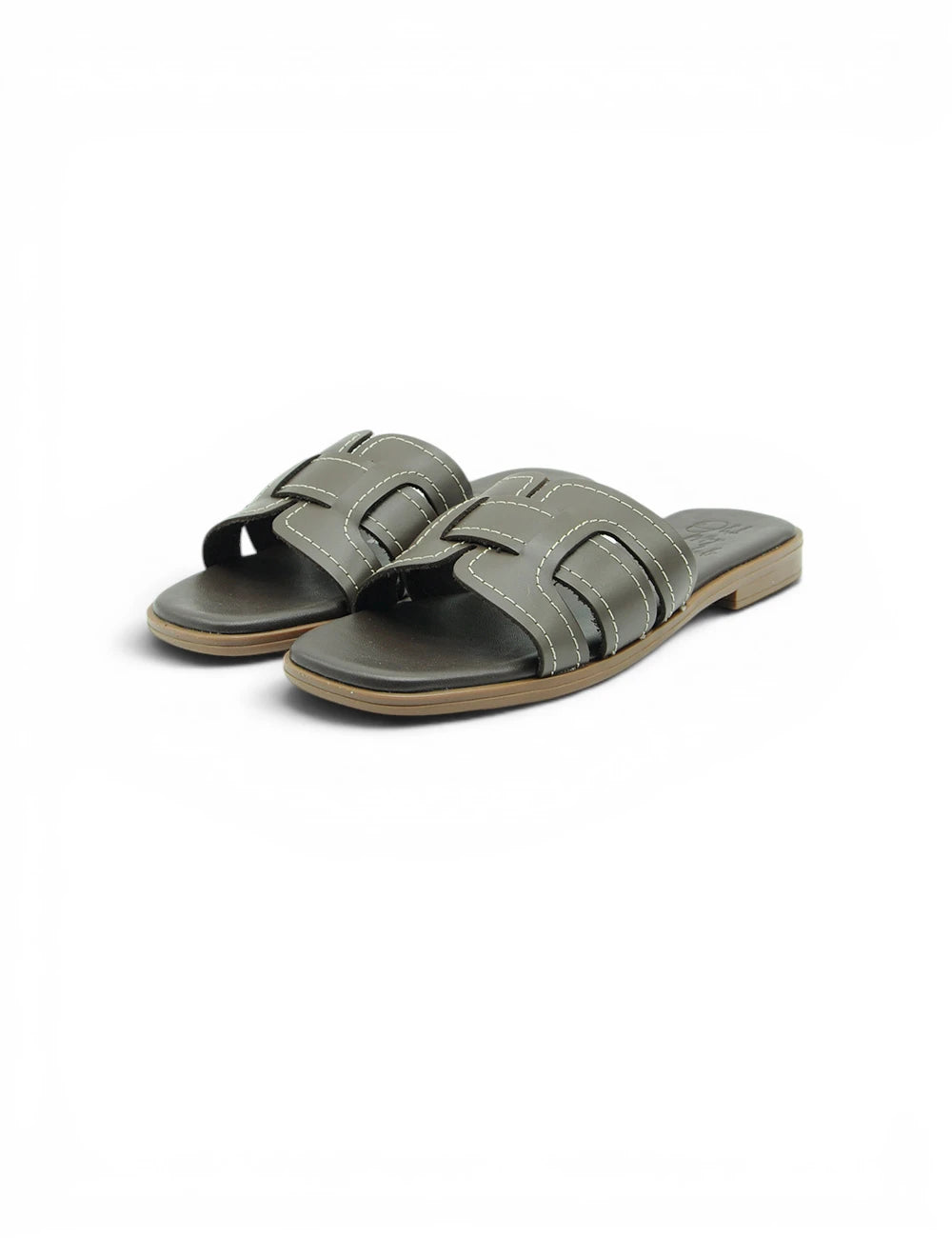Oh my sandals ciabattina marrone ciabattine in pelle verde oliva con design geometrico e cuciture bianche contrastanti