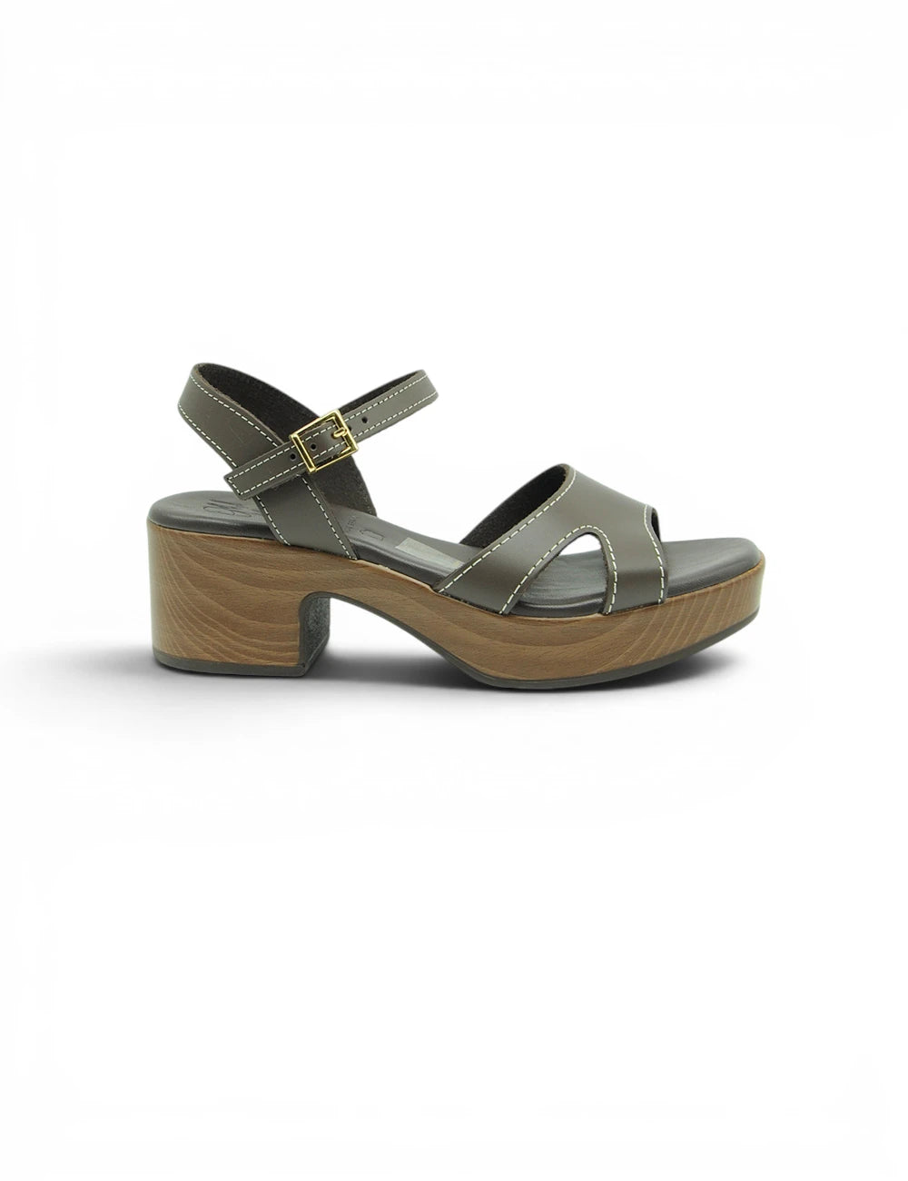 Olive green leather platform sandal with wooden block heel and gold-tone buckle from oh my sandals sandalo marrone