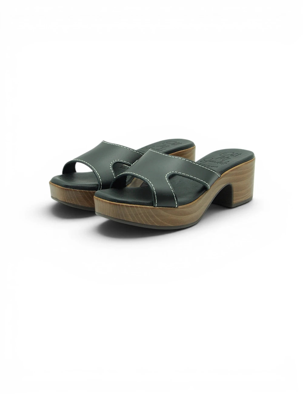 Dark green leather mule sandals oh my sandals clog nero with light wooden soles and white stitching