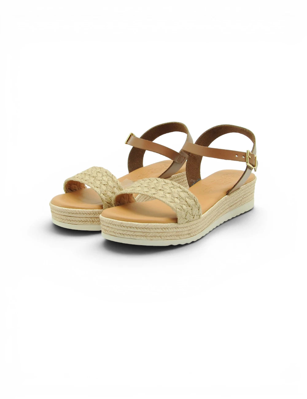 Beige espadrillas wedge sandals with tan leather straps and gold-tone buckle from oh my sandals espadrillas roble collection
