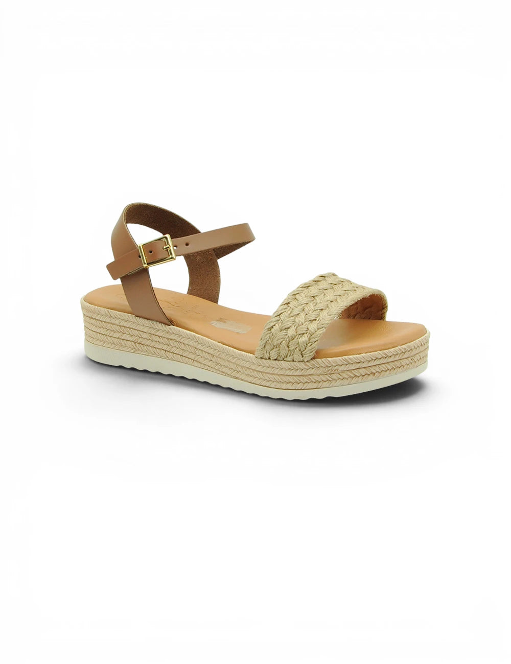 Sandalo espadrilla con zeppa roble in corda intrecciata e cinturino alla caviglia in pelle marrone chiaro