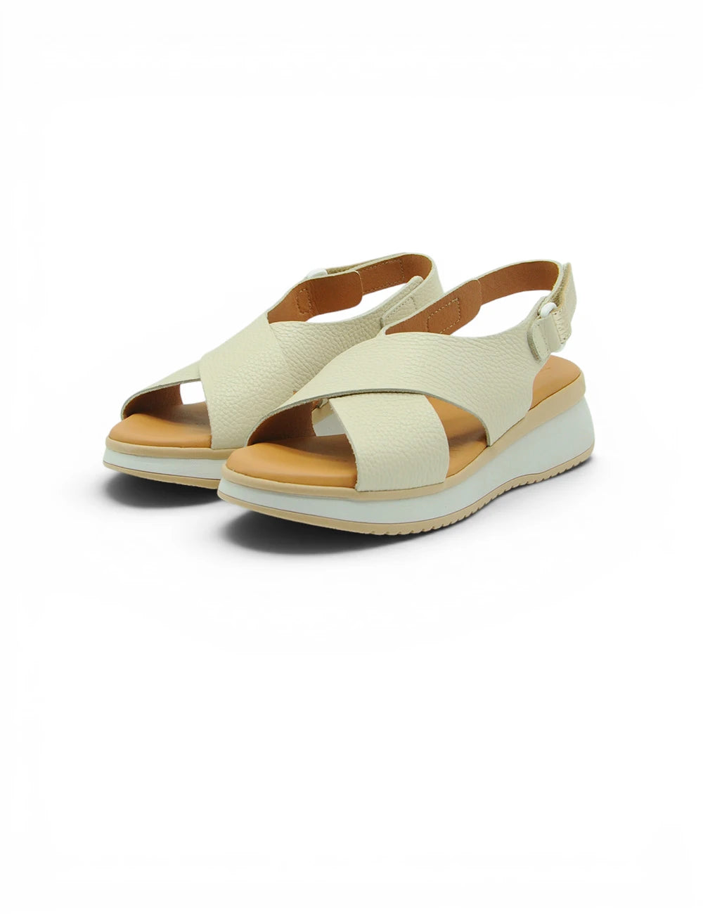 Sandali platform crema oh my sandals modello soraya hielo con design a incrocio e dettagli in pelle marrone chiaro