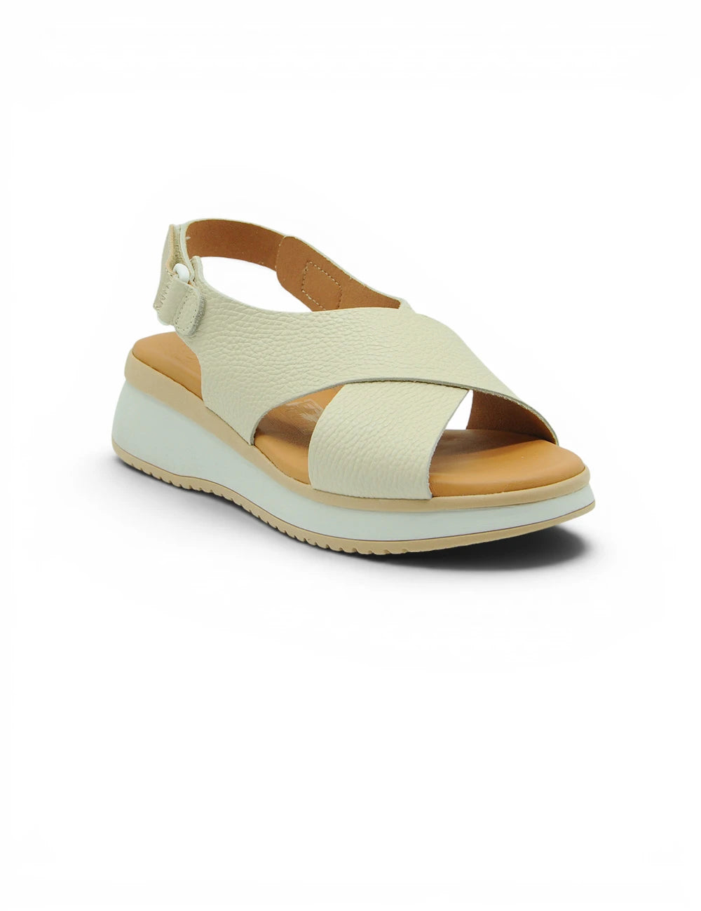 Cream-colored leather wedge sandal oh my sandals sandalo soraya hielo with cross-strap design and tan insole