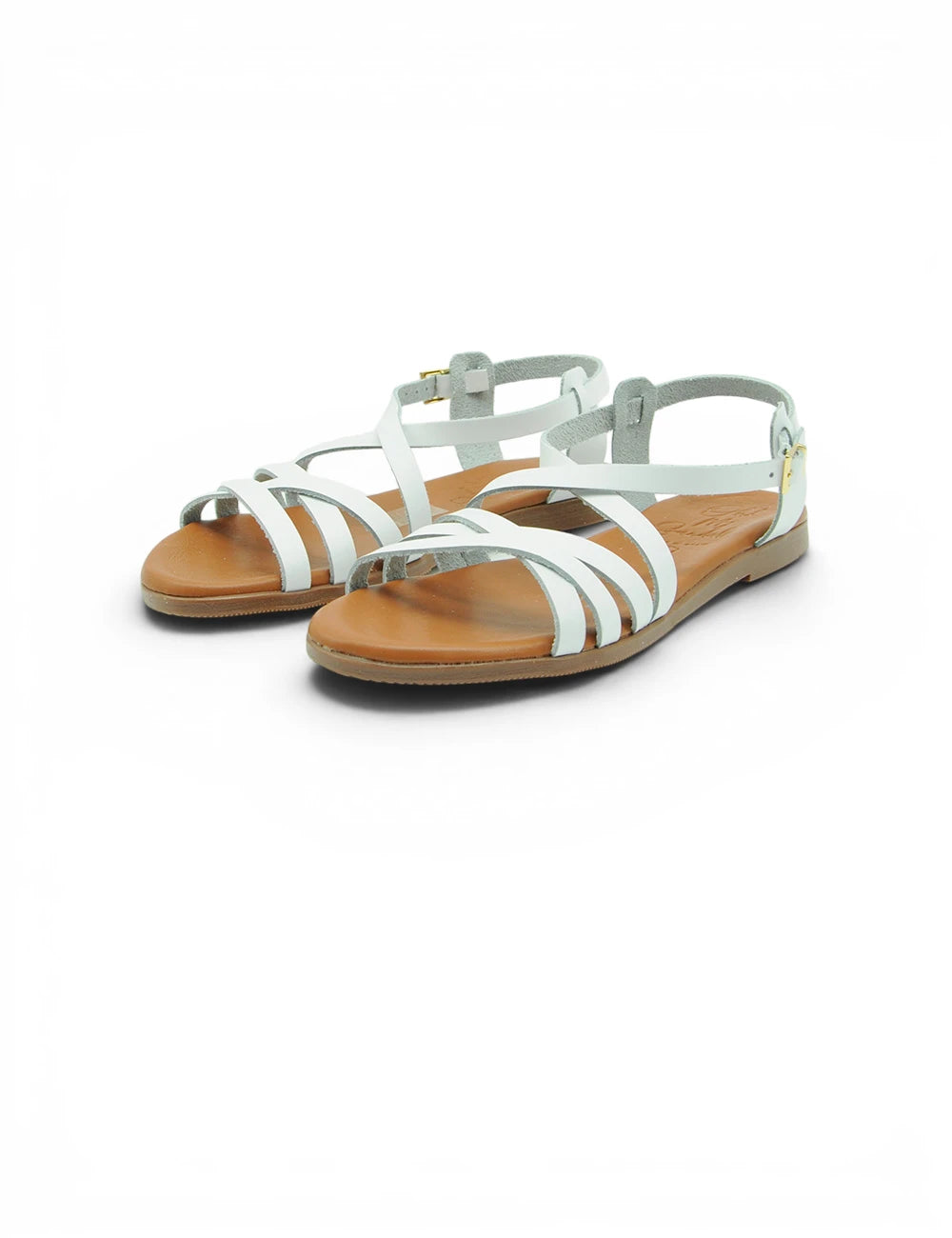 Oh my sandals sandalo brenda blanco in pelle bianca con cinturini, suola marrone chiaro e fibbie dorate