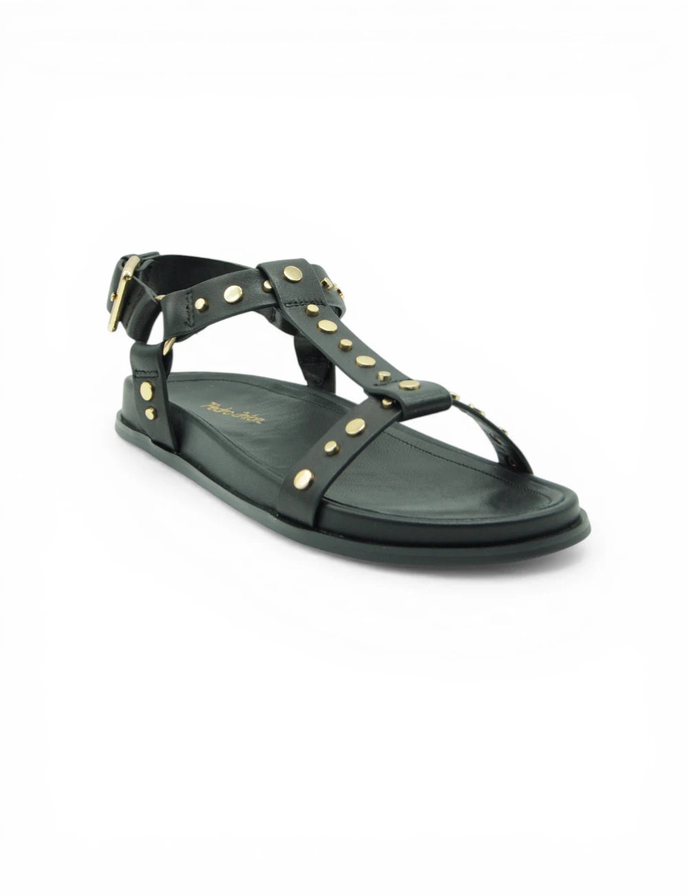 Sandalo Borchie Nero Pedro Anton, pelle nera con borchie dorate e fibbia