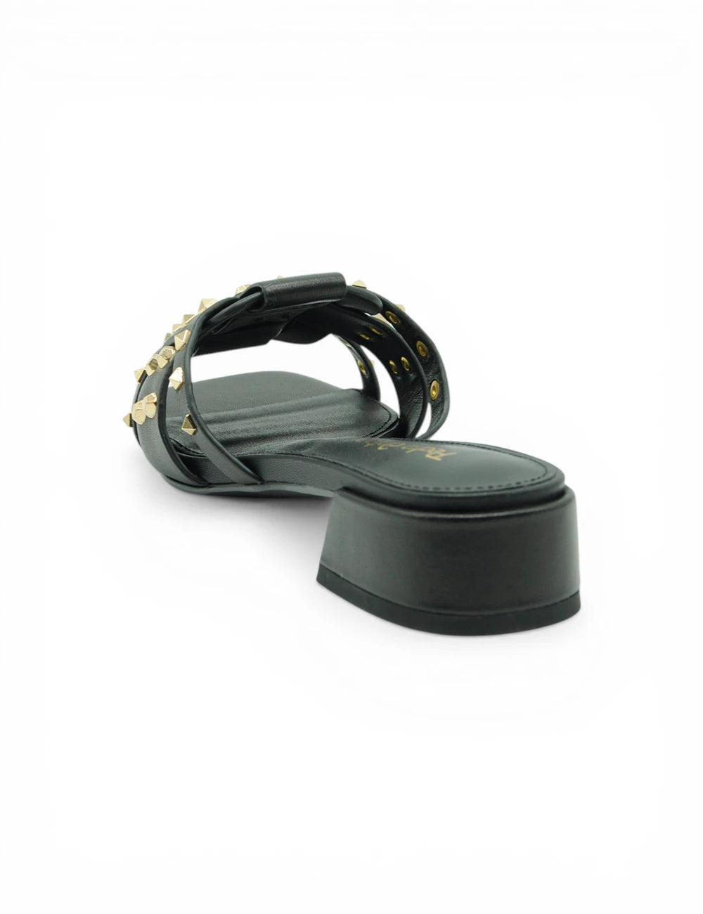 Mule Pedro Anton Borchie Nera nera con farfalle dorate e tacco chunky