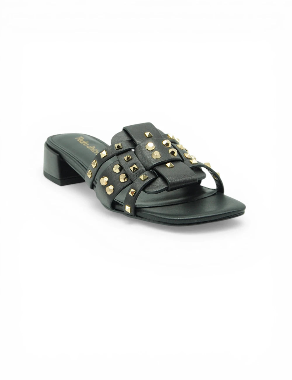 Mule Pedro Anton Borchie Nera in pelle nera con borchie quadrate oro