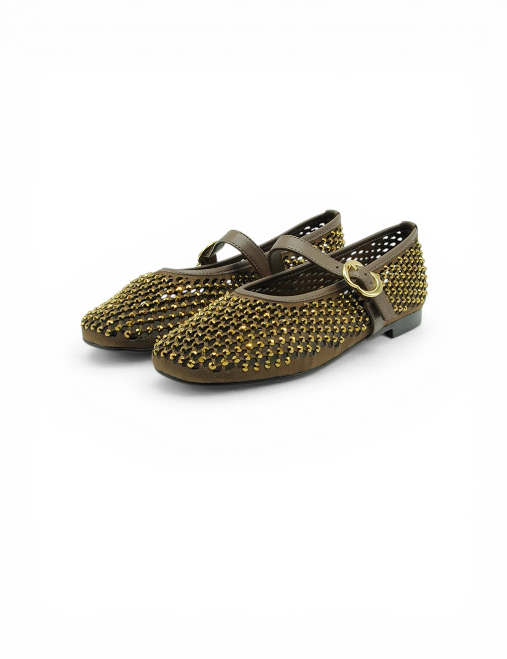 Pedro Anton Ballerina Mary Jane Camel con borchie dorate e fibbia