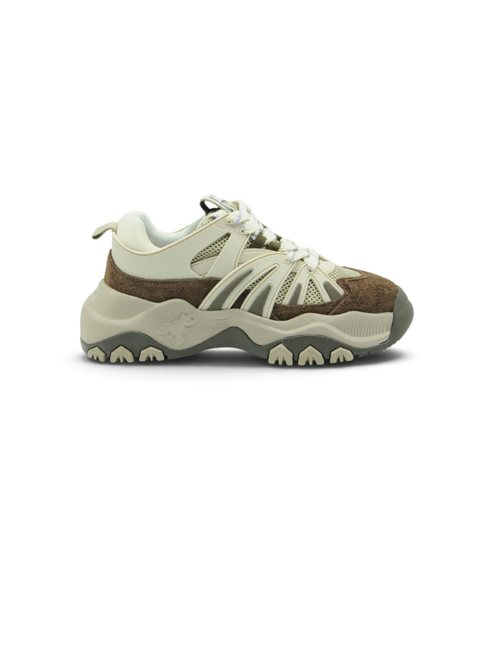 Sneaker patrizia pepe marrone taupe chunky con design a strati, pannelli in mesh e dettagli in suede crema e marrone