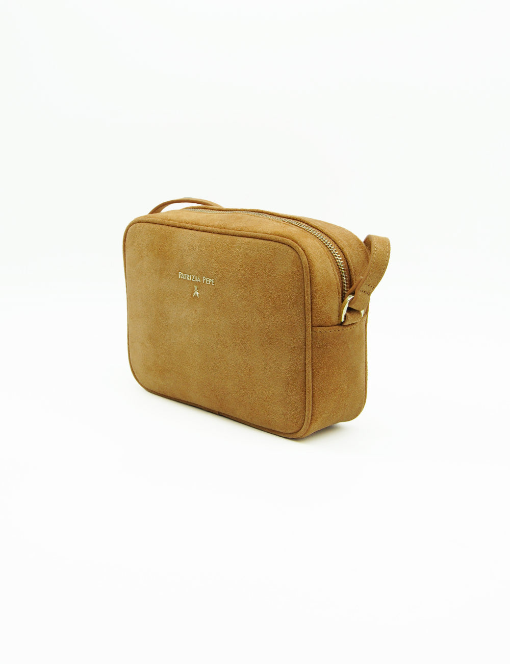 Borsa a tracolla in suede tan con cerniera e manico oro, Patrizia Pepe Camera Case Suede Cuoio