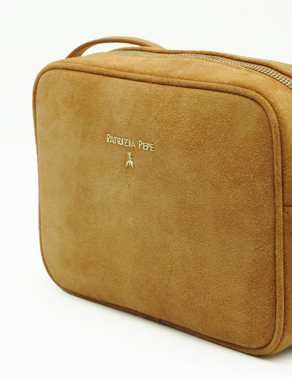 Astuccio Patrizia Pepe in suede cuoio con logo dorato e badge
