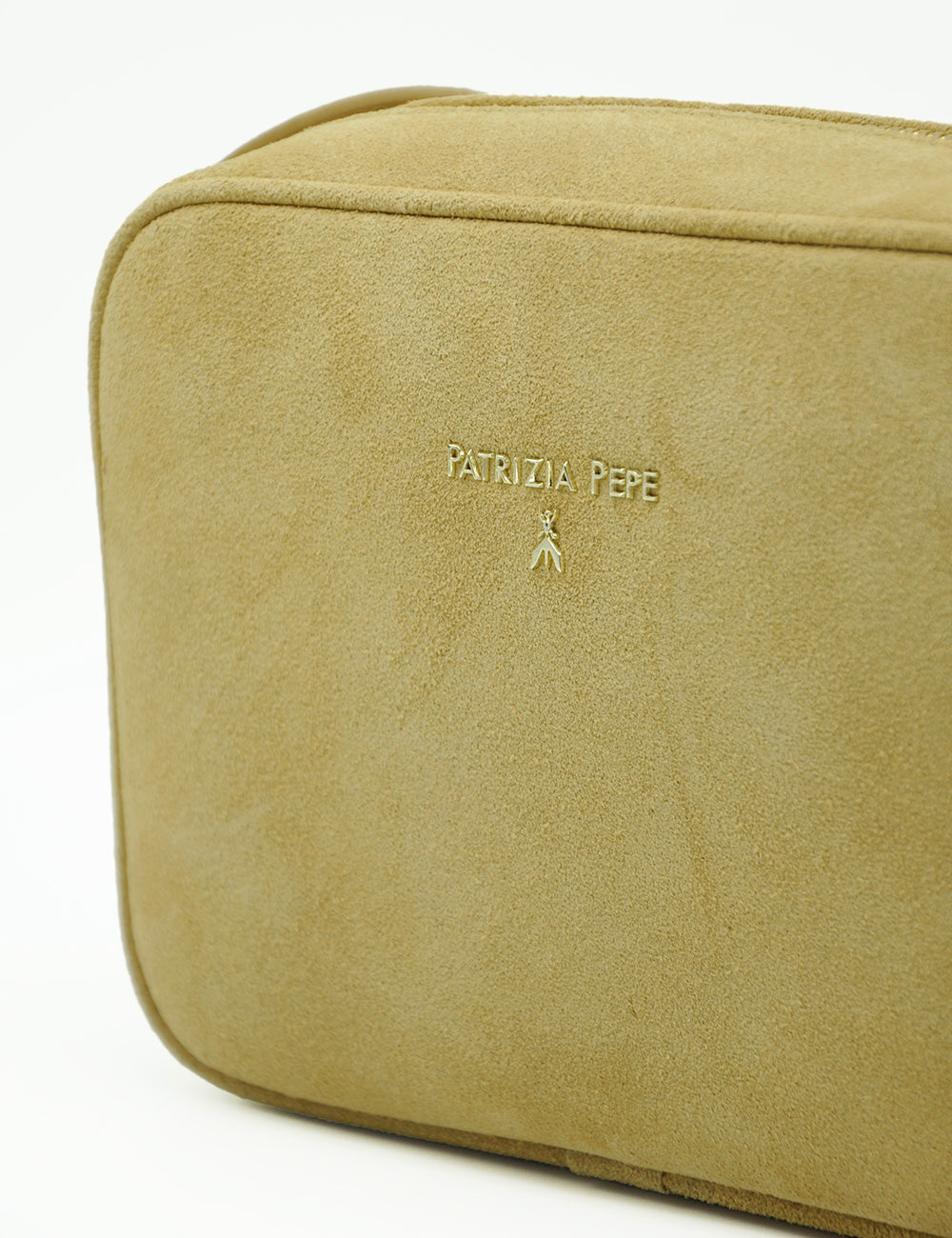 Borsa trucco Patrizia Pepe in suede beige sabbia con logo embossato