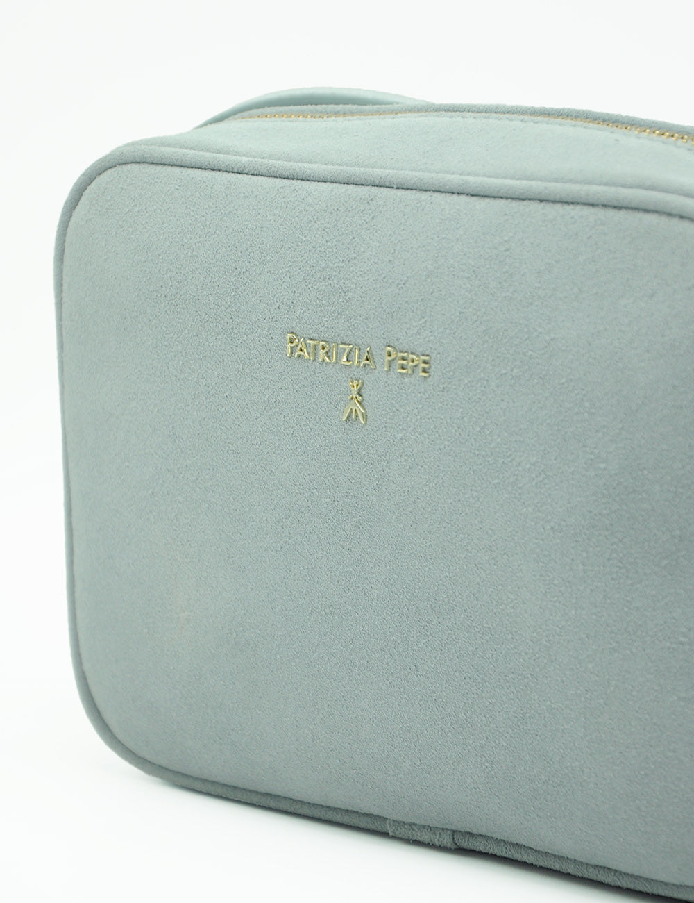 Borsa trucco in suede verde salvia con zip dorata e logo Patrizia Pepe