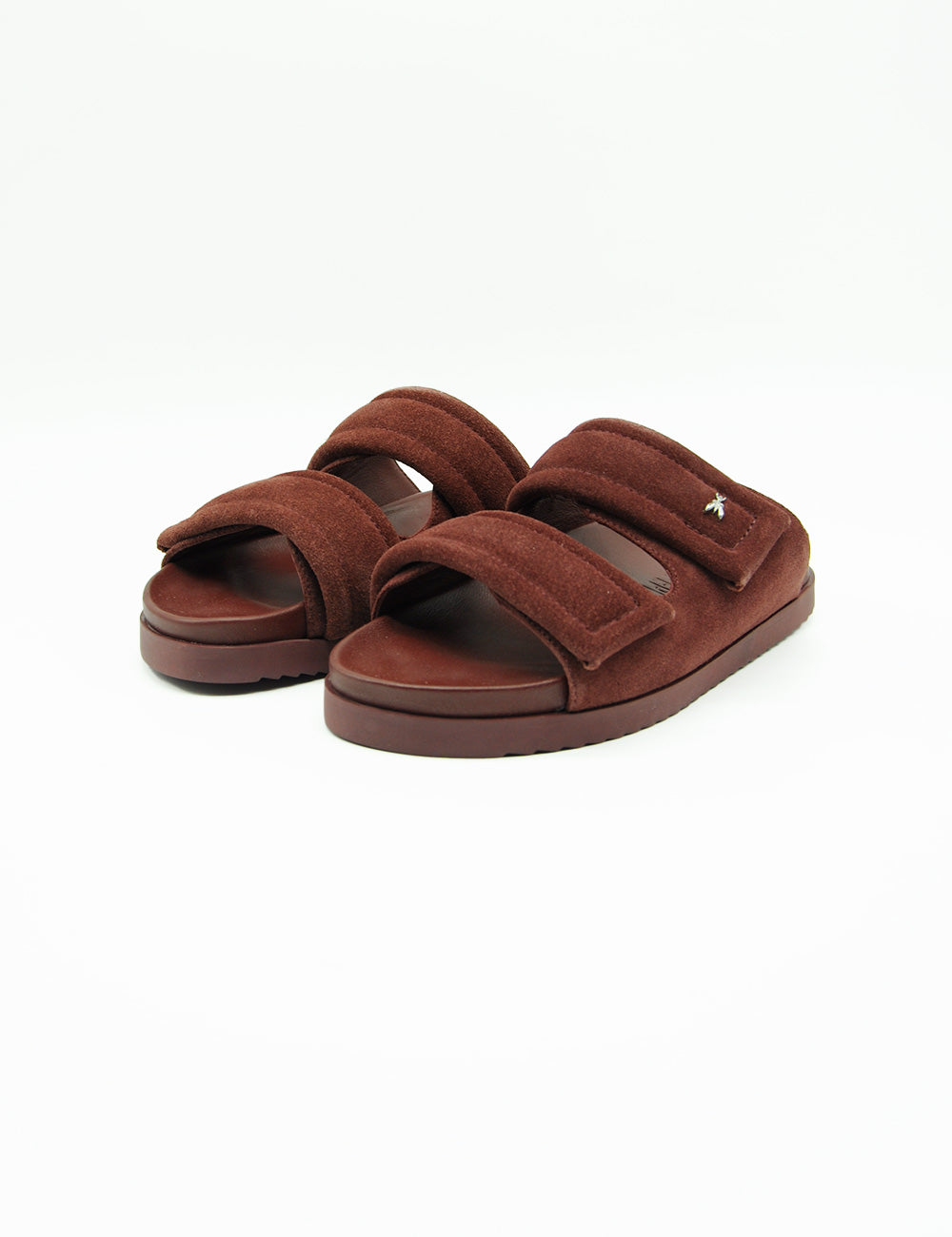 Ciabatte Patrizia Pepe in suede marrone con due velcro e logo metallico laterale