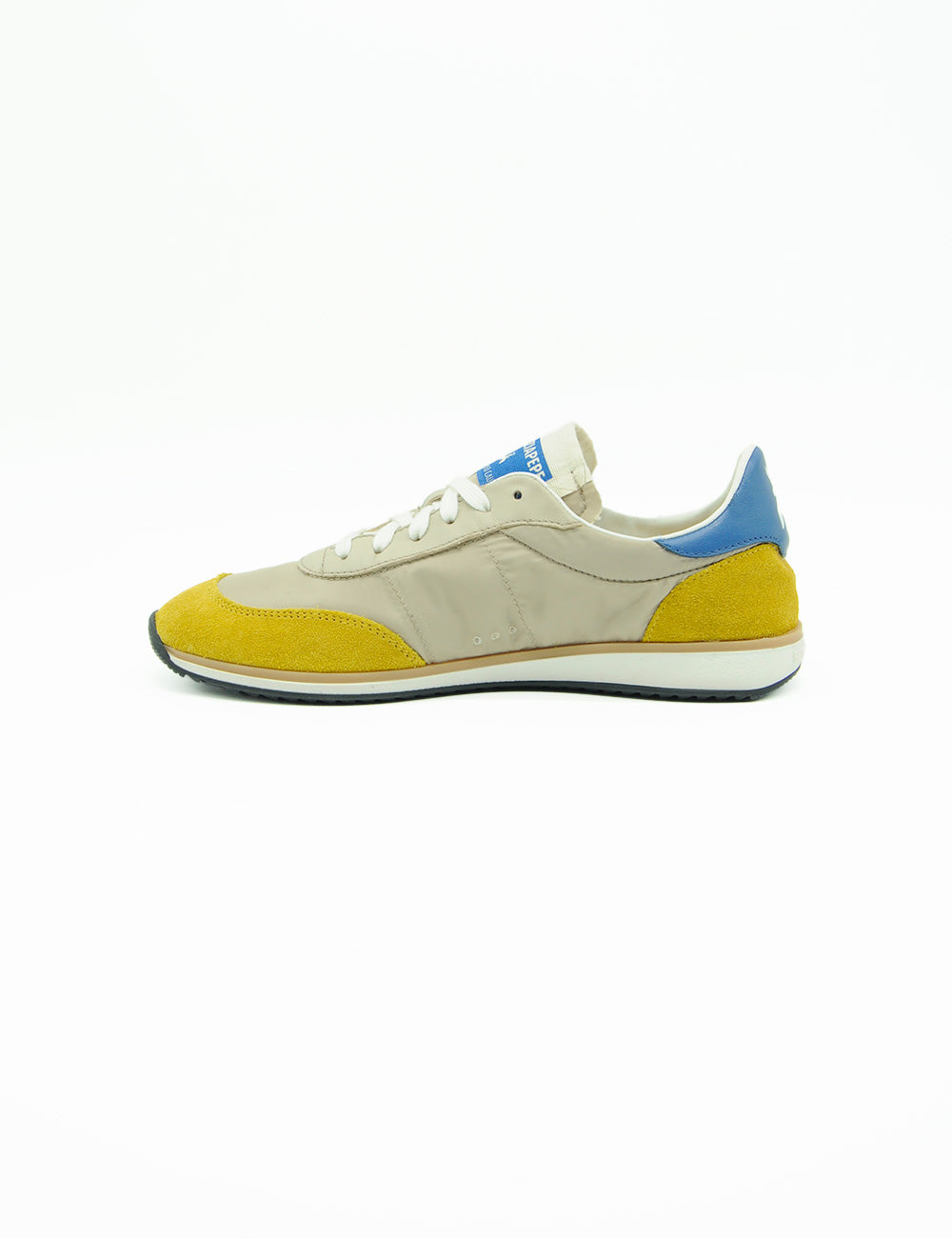 Sneaker Patrizia Pepe in nylon e suede beige-giallo con tacco blu e suola bianca