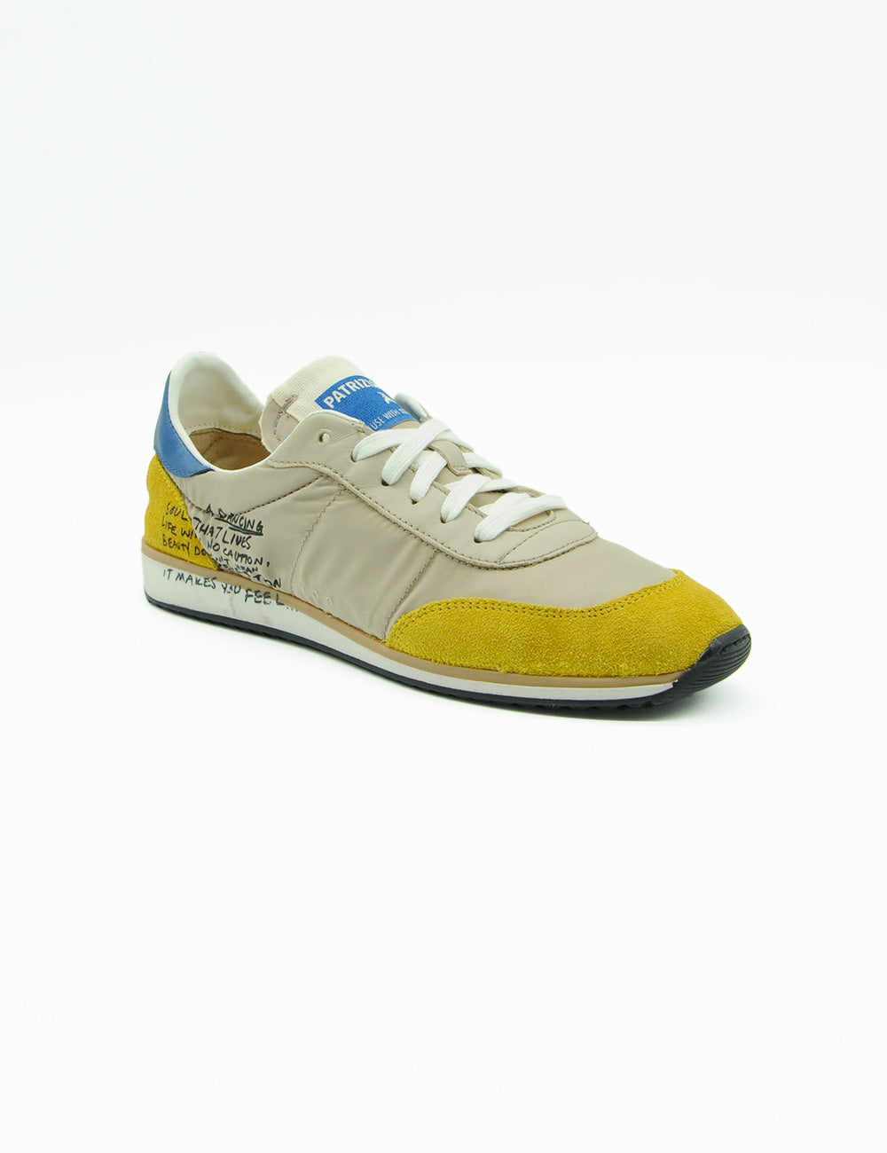 Sneaker Patrizia Pepe in nylon e suede beige e gialla con tallone blu