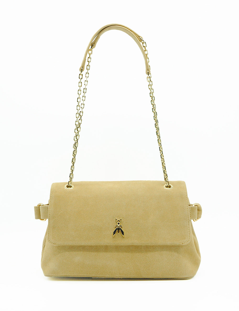 Borsa tracolla Patrizia Pepe in suede beige con catena dorata e chiusura insetto