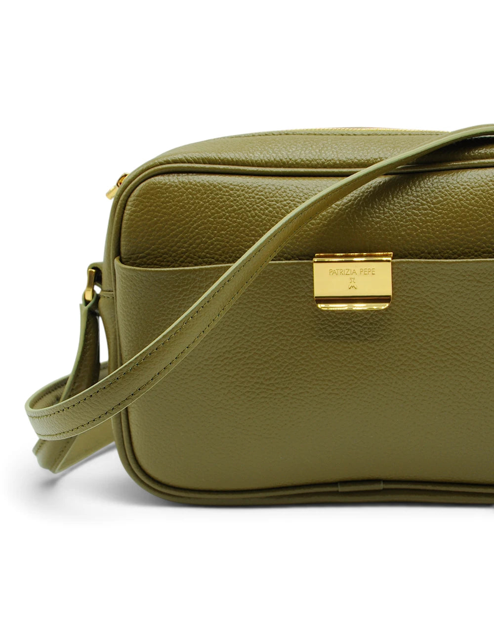 Patrizia Pepe tracolla all day borsa a tracolla verde lizard in pelle martellata oliva con placca rettangolare oro