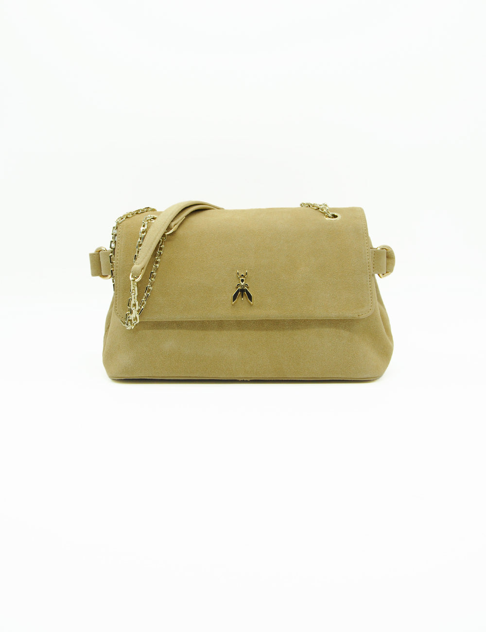 Borsa tracolla Patrizia Pepe Tracolla Sand Beige in suede color sabbia con catena e tracolla in pelle, chiusura a forma di insetto