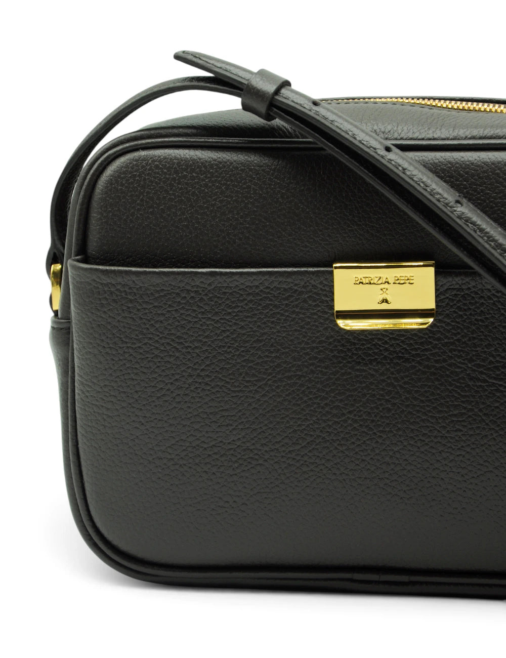 Black leather patrizia pepe tracolla all day craft bag with gold-tone hardware and rectangular brand plaque