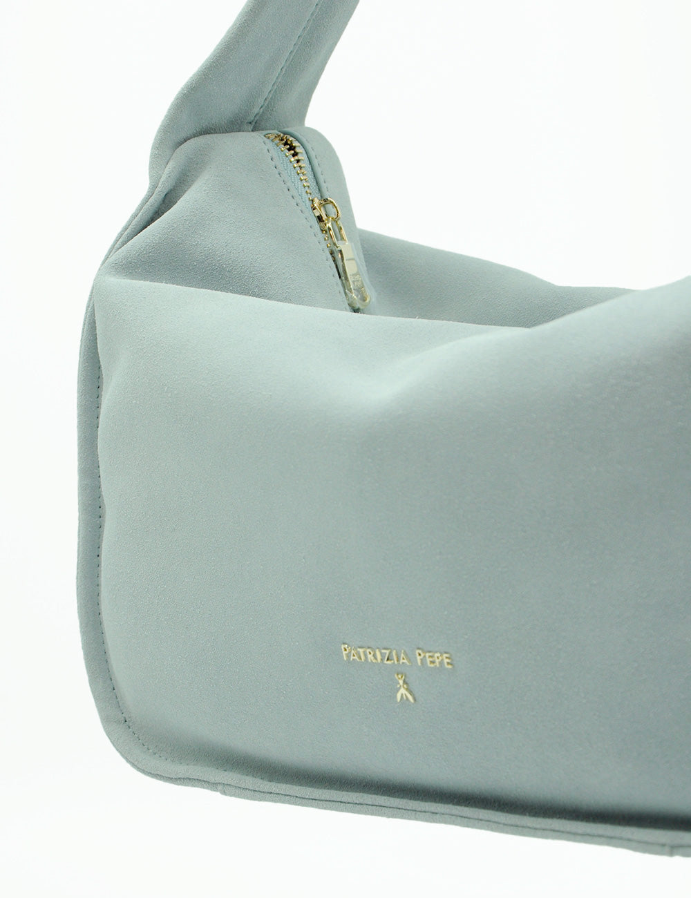 Borsa hobo Patrizia Pepe Contemporary Sky in suede blu cielo con zip dorata e logo
