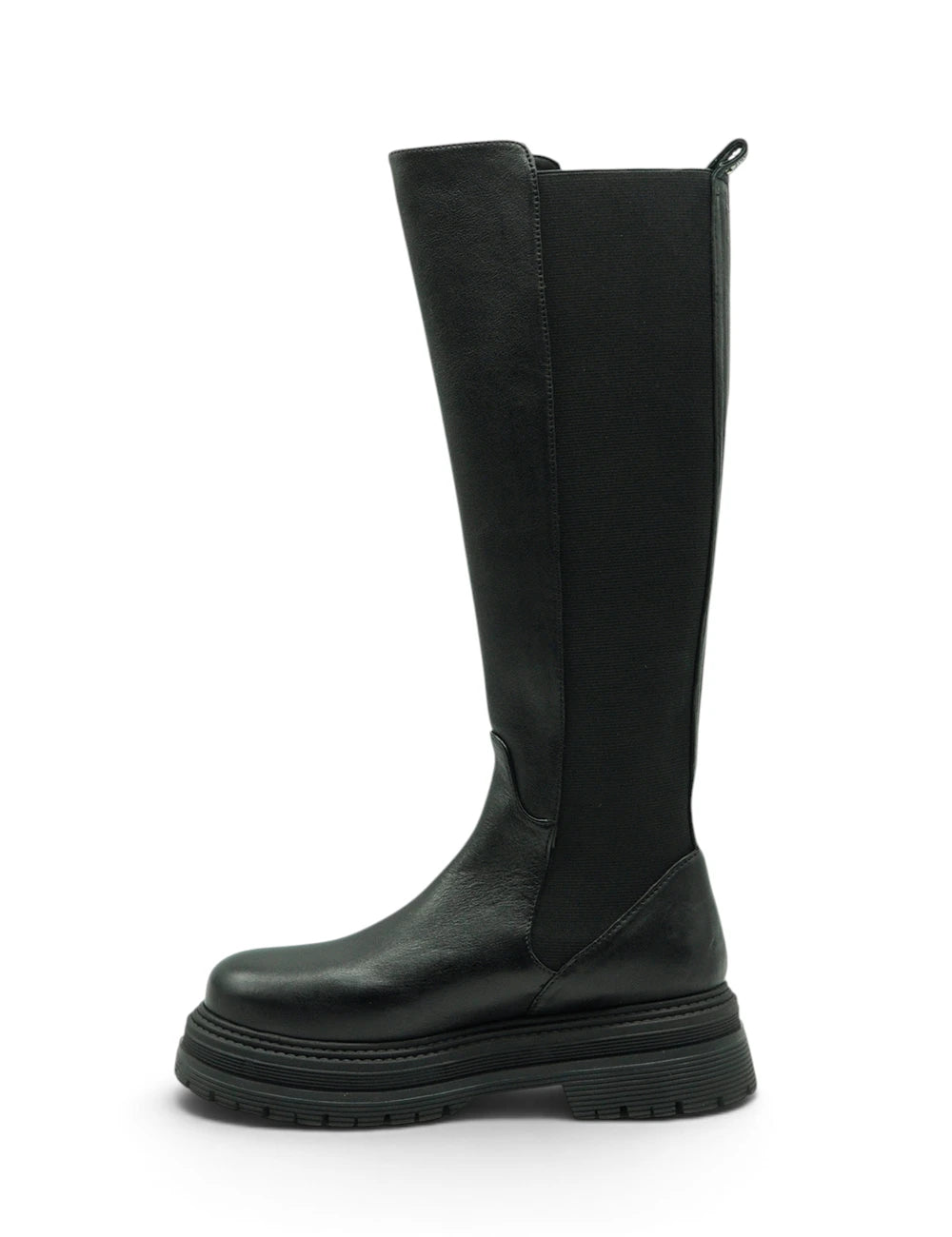 Patrizia pepe stivale platform nero in pelle nera con suola chunky e pannelli elastici laterali