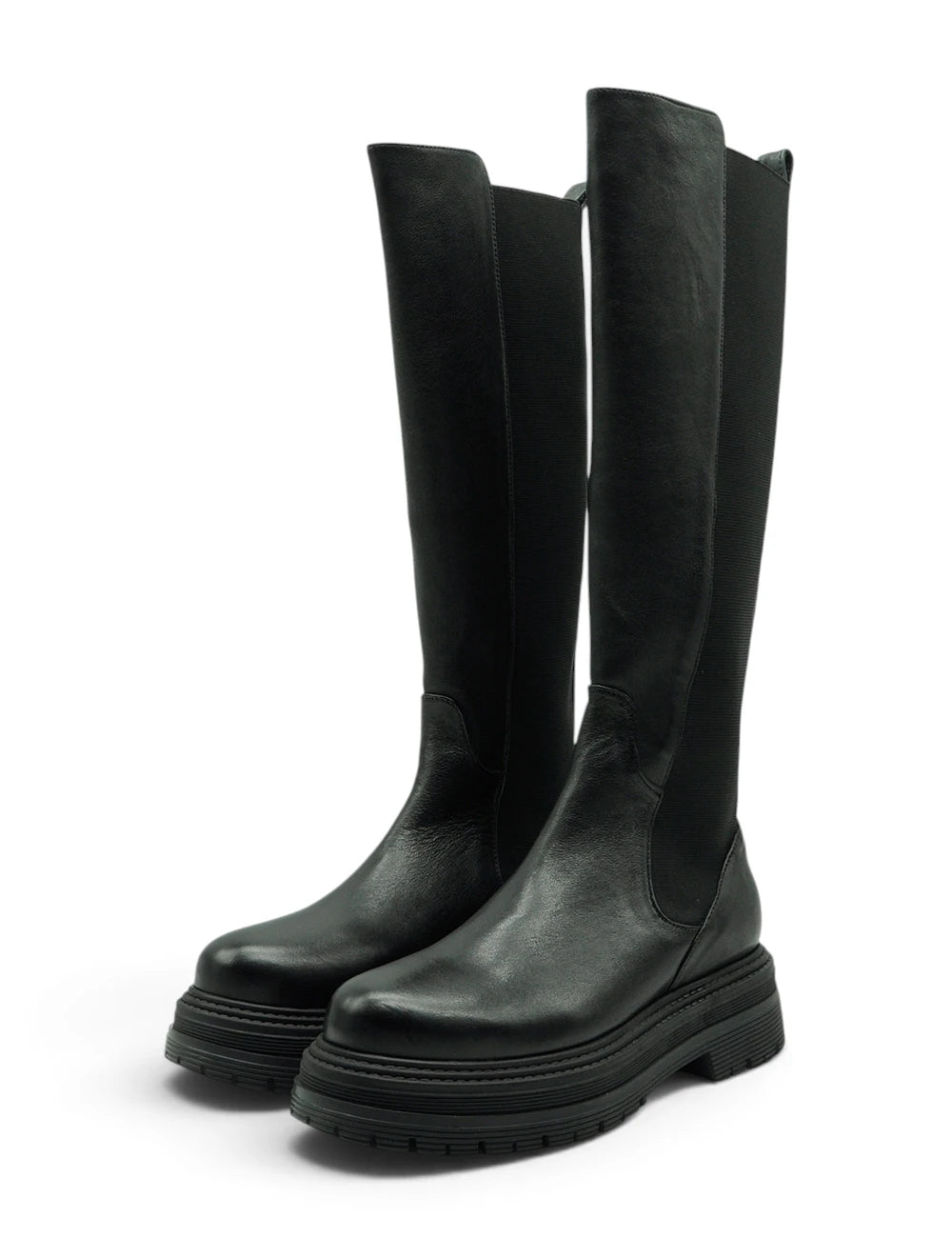 Patrizia pepe stivale platform nero in pelle nera con suola chunky e pannelli elastici laterali