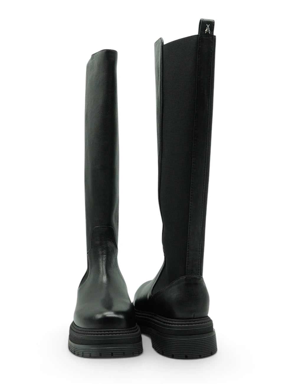 Patrizia Pepe stivale platform nero in pelle nera con suola chunky e pannelli elastici laterali knee-high