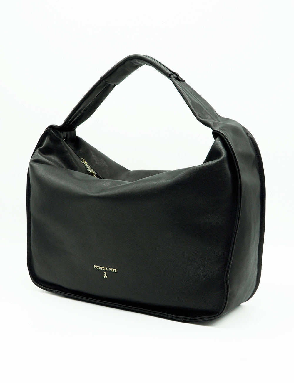 Borsa hobo grande Patrizia Pepe nera in pelle con design minimalista e logo dorato