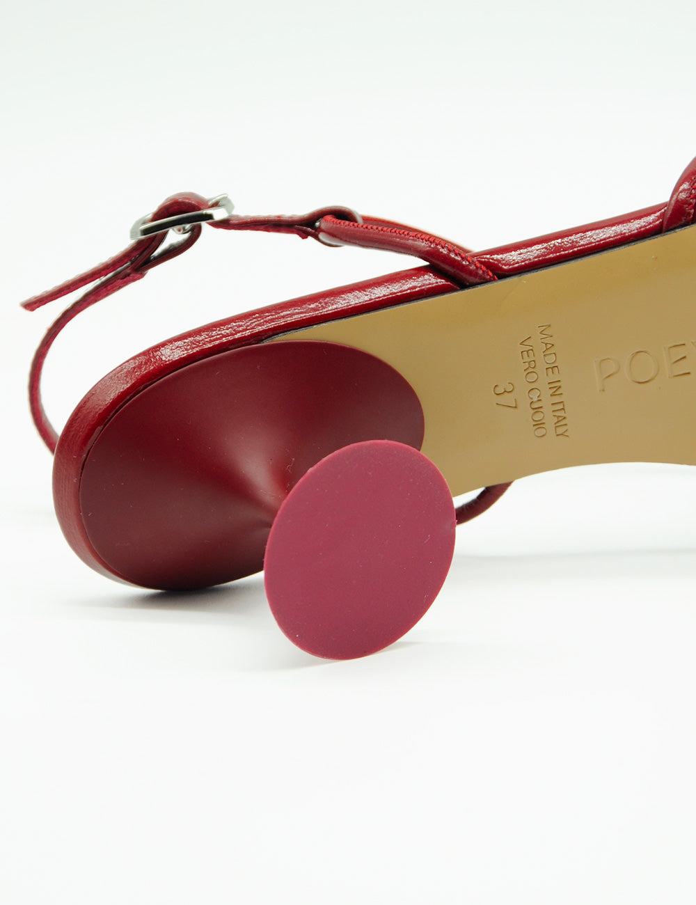 Sandalo Venice Rubino POEVE in pelle rossa con tacco circolare e cinghia regolabile