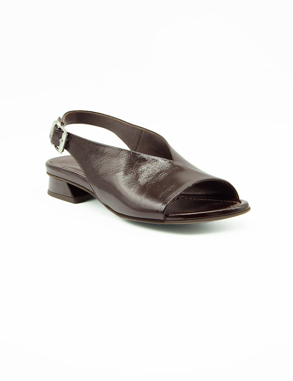 Sandalo slingback in pelle marrone POEVE Venice Mogano con tacco basso e fibbia argento
