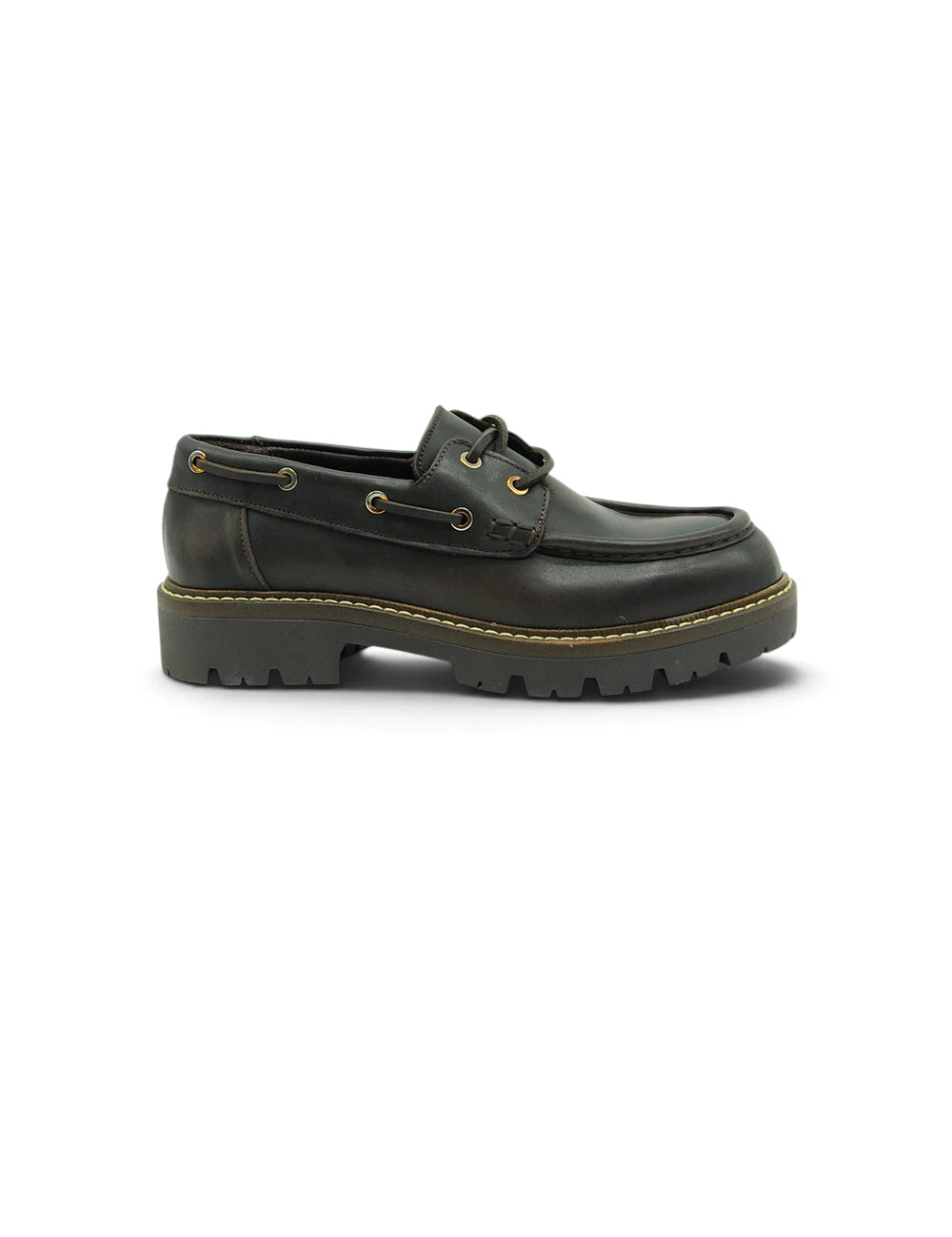 Stokton mocassino dark brown scarpa da barca in pelle nera con suola chunky e occhielli dorati