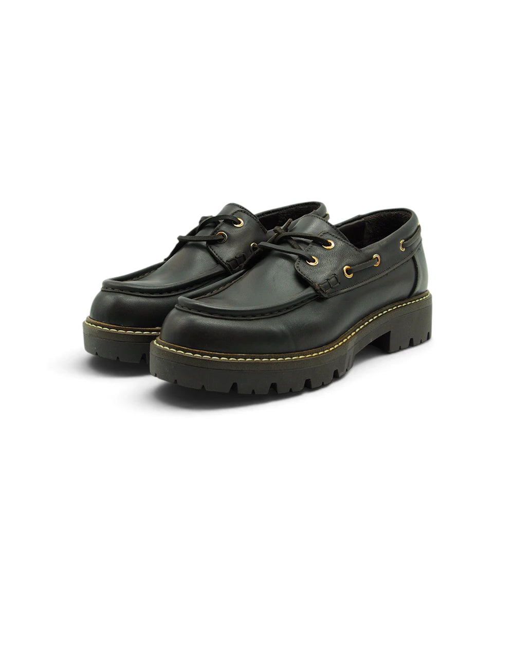 Mocassino stokton marrone scuro in pelle con occhielli color oro e suola chunky in gomma