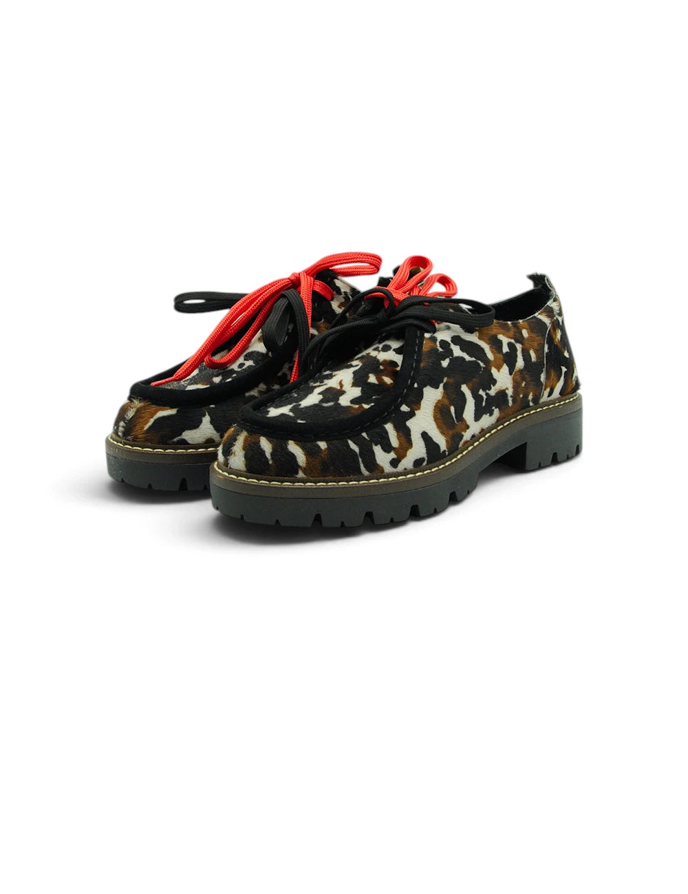Scarpe stringate stokton mucchetta leopardate con lacci rossi e suola nera chunky