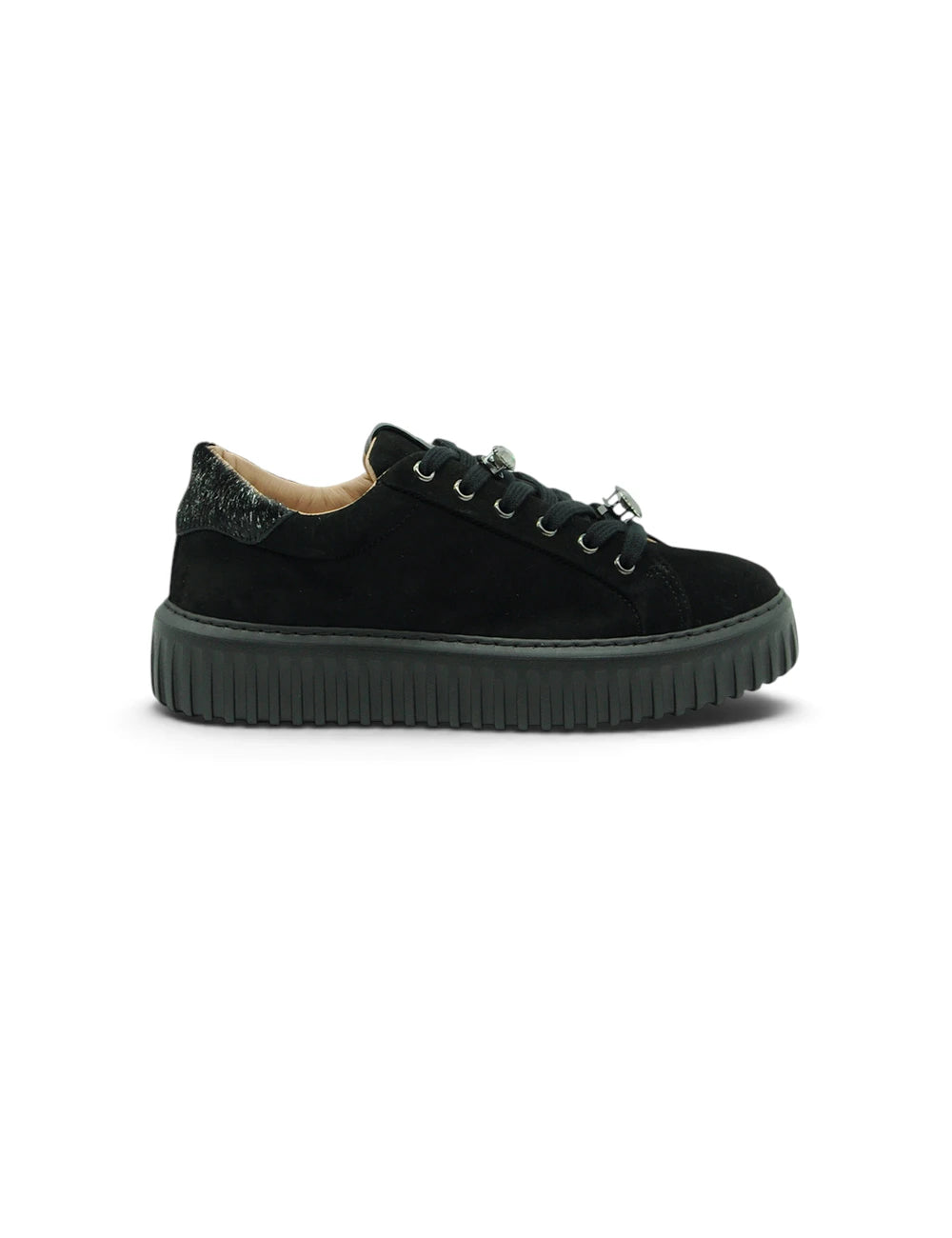 Black suede stokton sneaker kid nera con tallone glitterato e suola chunky testurizzata vista posteriore