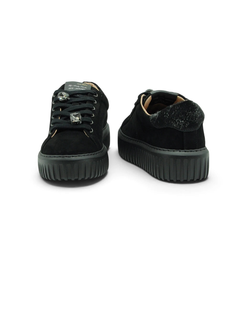 Stivaletti stokton sneaker kid in pelle scamosciata nera con suola platform chunky e dettagli argentati sulle stringhe