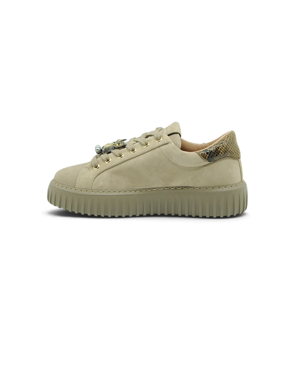 Scarpa stokton sneaker kid in camoscio nocciola con dettaglio in pelle effetto pitone e occhielli metallici